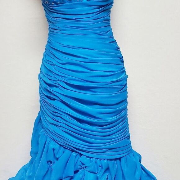 JOLI Prom Blues Ruched Sequin Beaded Bubble Hem Strapless Formal Maxi Dress 12 - Picture 7 of 16